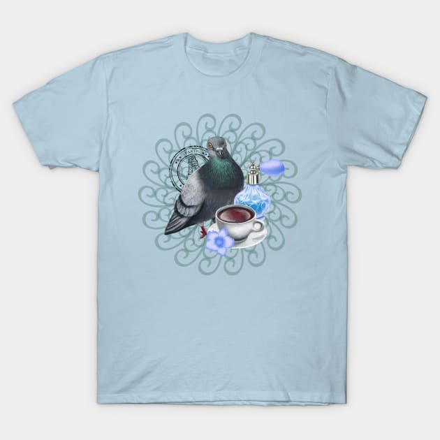 Dove with Black Tea and Perfume Bottle T-Shirt by DeneboArt